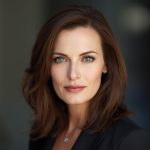 Femme brune d’âge moyen aux yeux bleus, regard direct, fond flou et lumière douce.