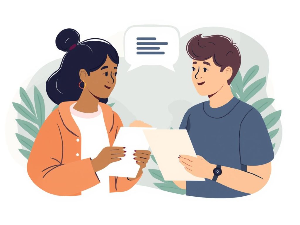Deux personnes discutent en se faisant face, chacune tenant une feuille de papier, avec une bulle de dialogue illustrant leur conversation.