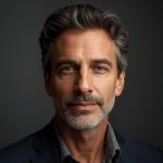 Homme d’âge moyen avec cheveux poivre et sel et barbe courte, regard direct, fond sombre flou.